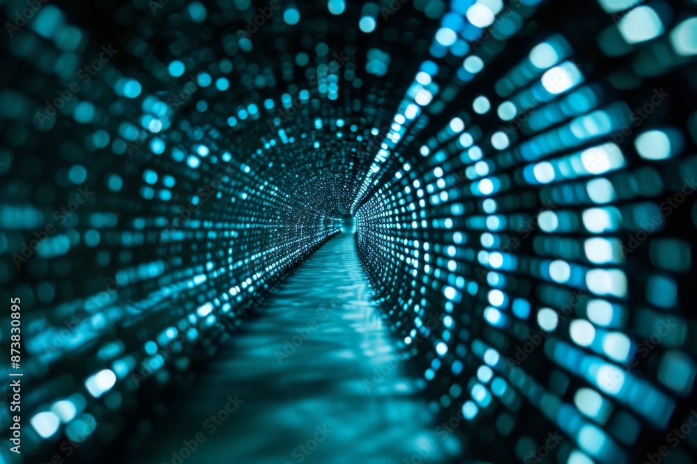 Poster infinite tunnel of binary code representing matrix, binary code lines the walls of a vibrant green t
