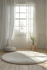 There is a white circular carpet on the white blue wooden floor, in front of an empty wall with curtains and window, there is also a small side table next to it, and some plants placed on top of them
