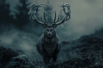 Majestic stag with glowing eyes stands amid a dark, mystical forest with subtle snowflakes falling