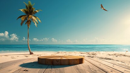 Tropical beach scene with a palm tree, empty wooden platform, blue ocean, and a bird in flight against a clear sky.