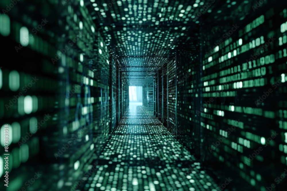 Poster infinite tunnel of binary code representing matrix, binary code lines the walls of a vibrant green t