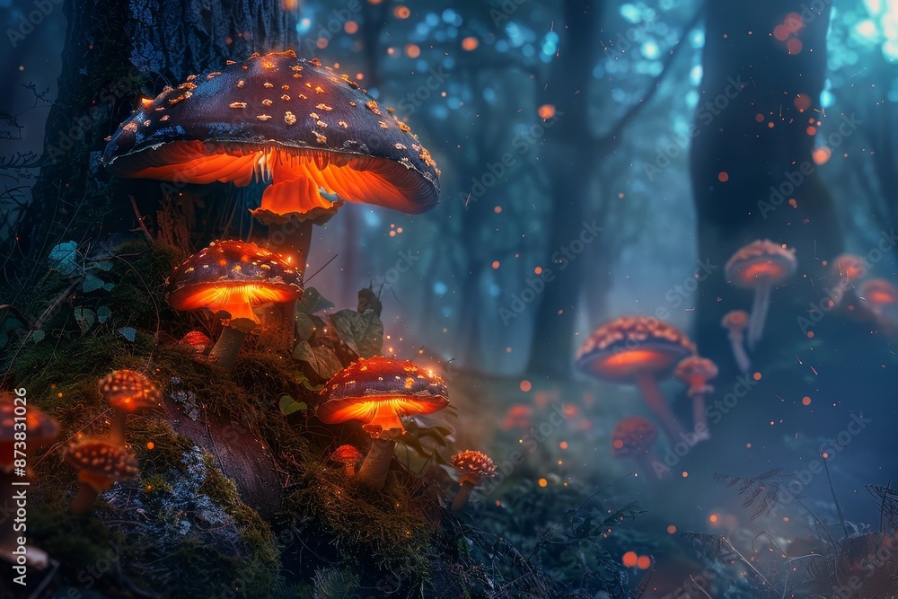 Poster cluster of mushrooms growing on forest floor with trees in background, an enchanted forest with glow