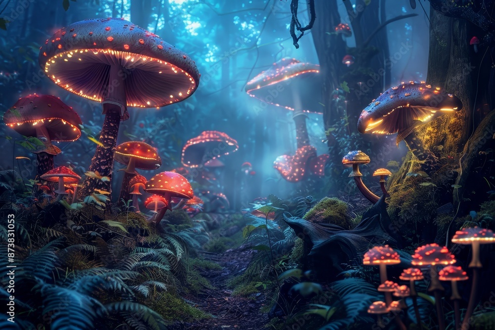 Poster a group of mushrooms growing in the woods, creating a mystical atmosphere with their unique shapes a