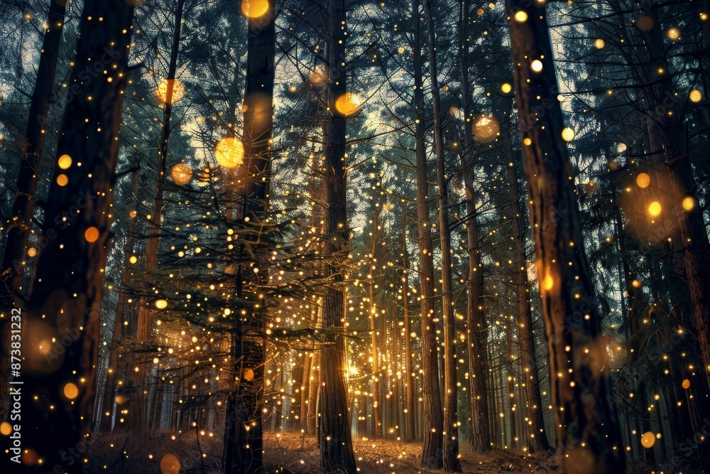 Poster a forest filled with towering trees illuminated by numerous yellow lights, creating a magical and en