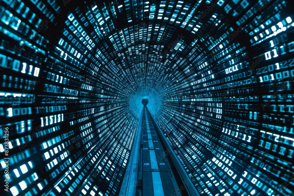 Poster infinite tunnel of binary code representing matrix, a green tunnel with binary code running along th