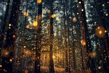 A forest filled with towering trees illuminated by numerous yellow lights, creating a magical and enchanting atmosphere, An enchanted forest with towering trees and sparkling fairy lights