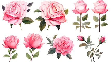 Naklejka premium Set of roses, Beautiful pink spring flower and leaves isolated background. Watercolor hand drawing Botanical painting. Generative Ai