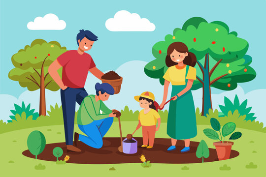 Flat vector illustration of a family planting a tree together, teaching children the importance of environmental care.