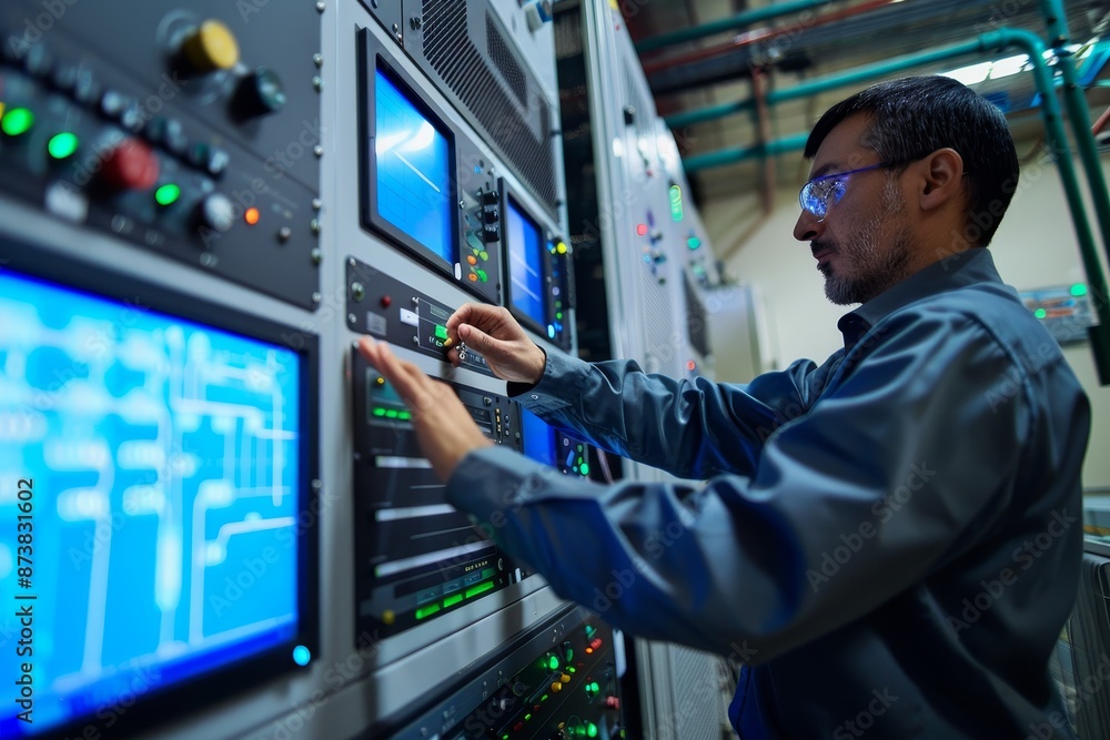 Poster a man in work attire adjusting control settings on a machine in a factory setting, an engineer adjus