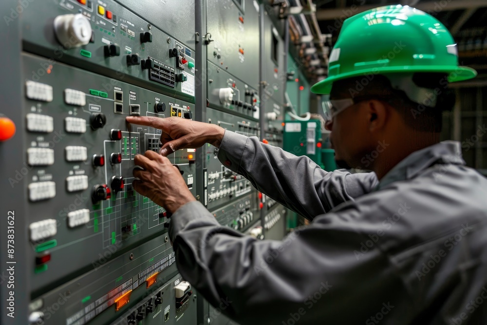 Poster an engineer wearing a hard hat is adjusting control settings on a scada system, an engineer adjusts 