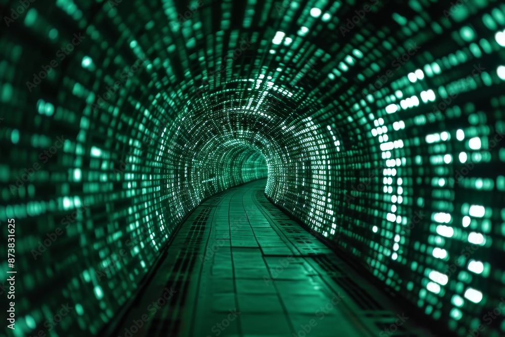 Poster infinite tunnel of binary code representing matrix, a green tunnel with binary code running along th
