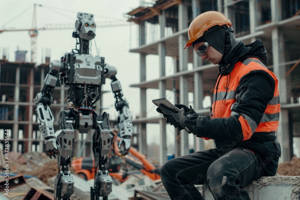 Poster a man seated on top of a cement block next to a robotic machine in an industrial setting, an enginee