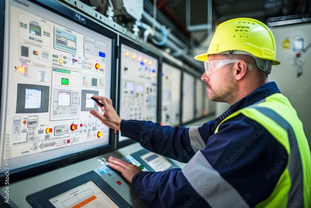 Poster a man in a hard hat is focused on a control panel, configuring alarms and notifications, an engineer