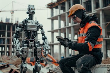 A man seated on top of a cement block next to a robotic machine in an industrial setting, An engineer collaborating with intelligent robots on a construction site