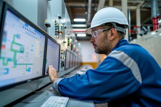 A man in a hardhat working on configuring alarms and notifications on a computer screen, An engineer configures alarms and notifications on a SCADA system