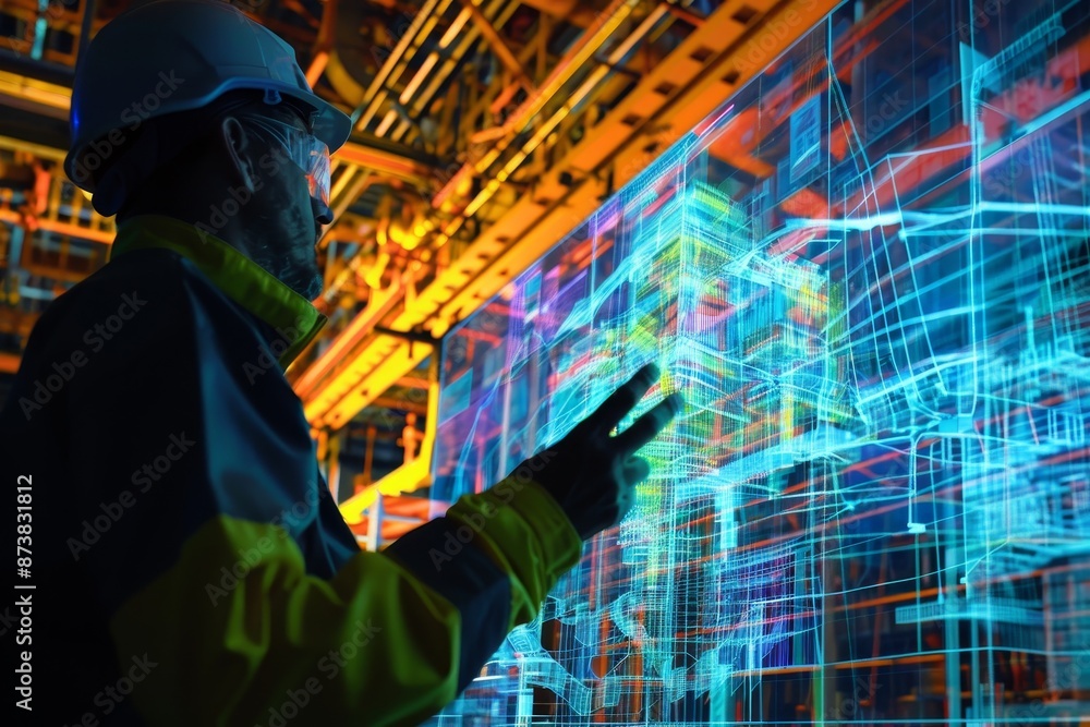 Poster engineer interacting with digital simulation on large screen, an engineer exploring a digital simula