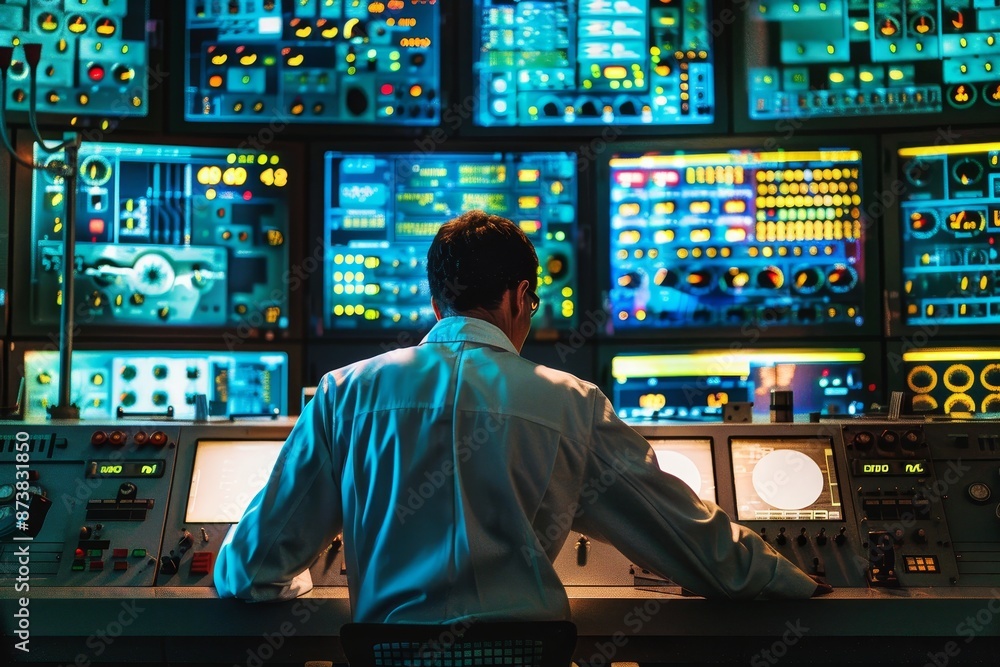 Poster a man, an engineer, sits in front of a control panel, monitoring processes in a factory, an engineer