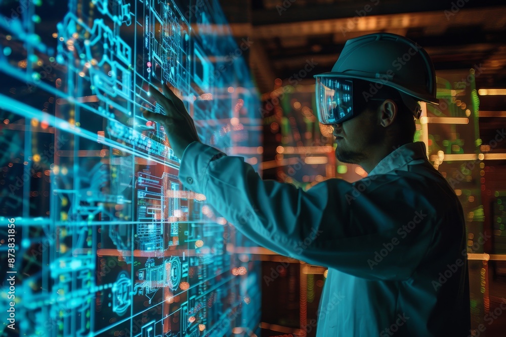 Poster a man in a hardhat is intensely focused on a computer screen displaying a digital simulation of a co