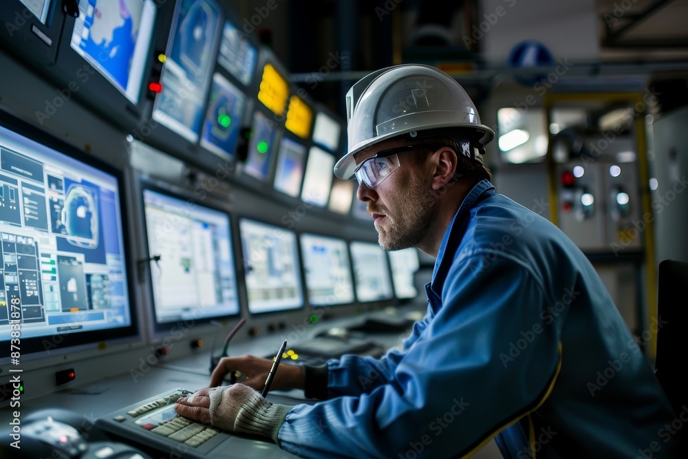 Poster a man wearing a hard hat is focused on his computer screen in a factory control room, an engineer in