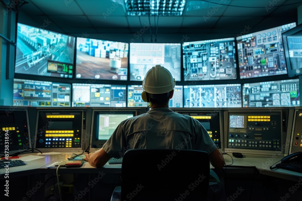 Poster a man sits in a control room surrounded by multiple monitors, actively monitoring operations, an eng