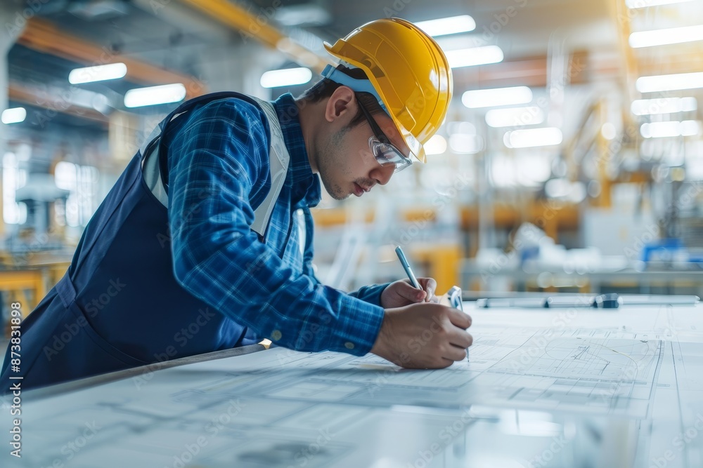Poster a man in a hard hat writing on a piece of paper in a factory setting, an engineer in a factory envir