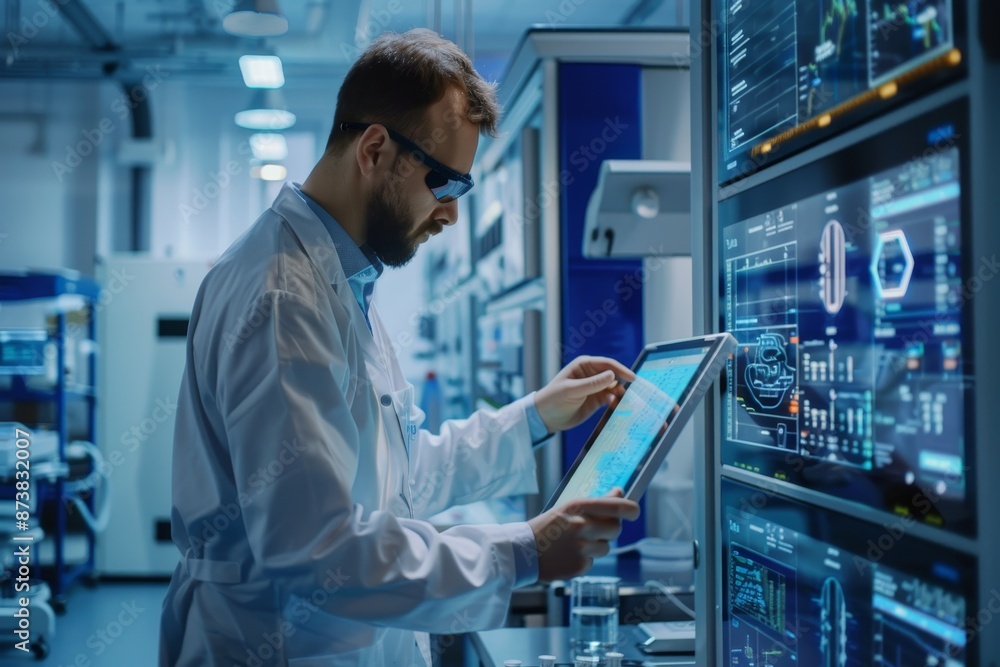 Poster a man in a lab setting is focused on studying information displayed on a computer screen, an enginee