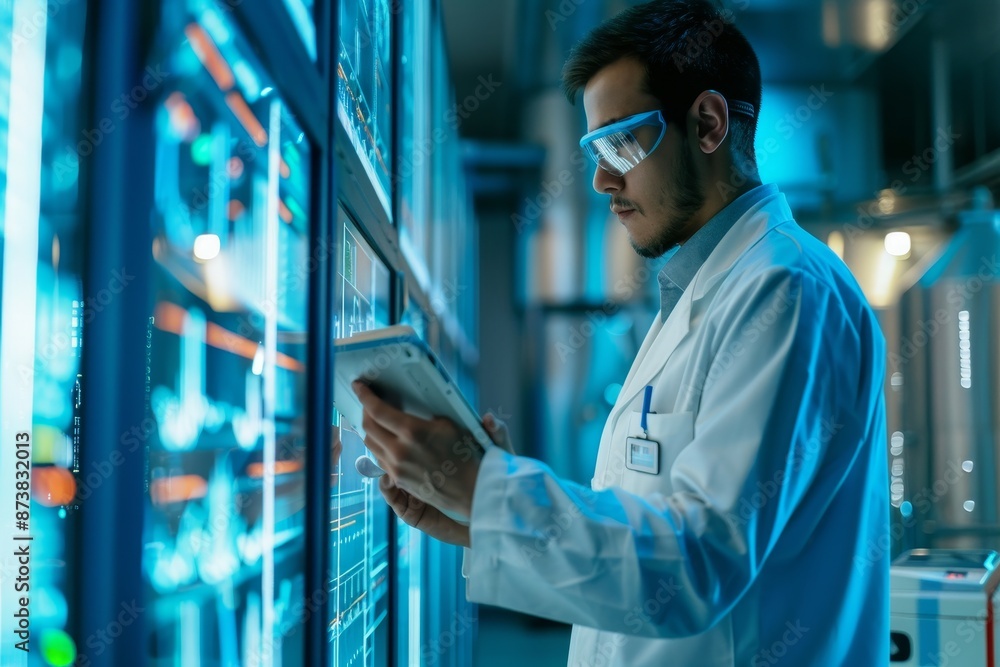 Poster a male engineer in a lab coat is focused on analyzing data displayed on a computer screen in a high-
