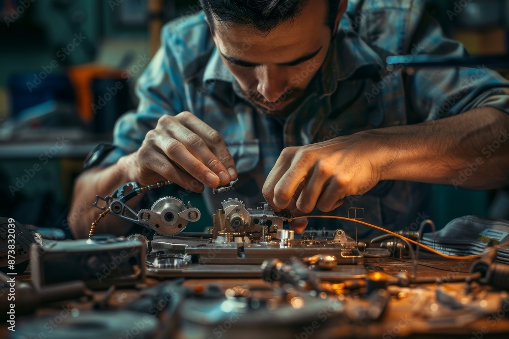 Poster a man focused on intricately assembling a machine in a factory setting, an engineer meticulously ass