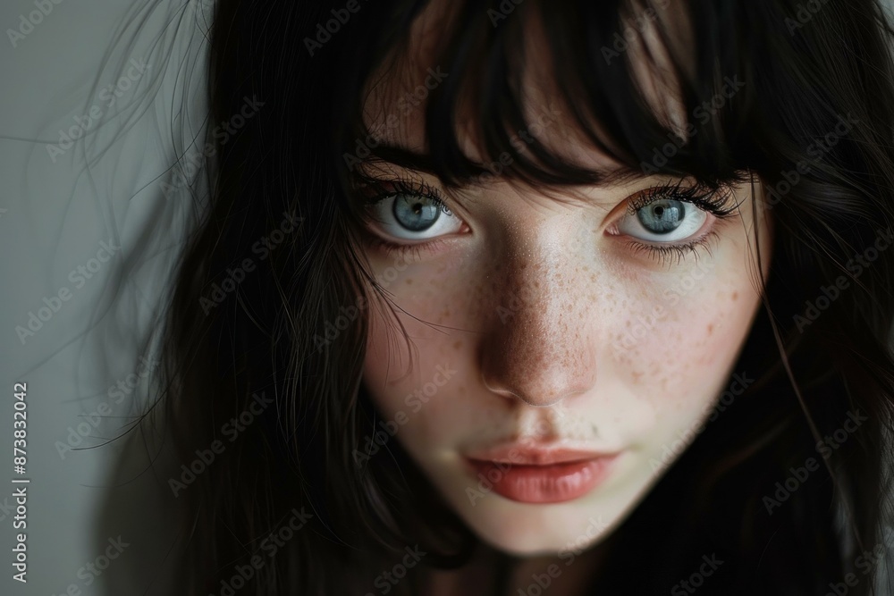 Wall mural Closeup portrait of a woman with piercing blue eyes and freckles