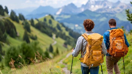 two hikers navigating a challenging mountain path together, symbolizing the importance of collaboration and support in business, with a beautiful natural backdrop, offering ample copy space for text