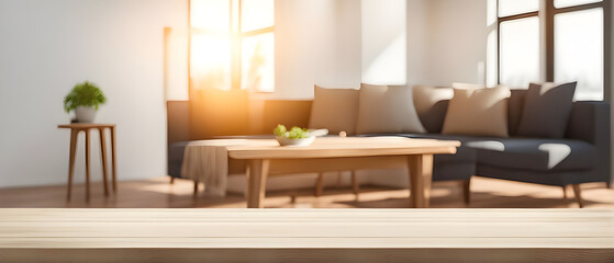 Fototapeta premium Empty table with abstract blurred background. blur living room. for product display.