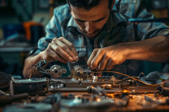 A man focused on intricately assembling a machine in a factory setting, An engineer meticulously assembling a complex mechanical device