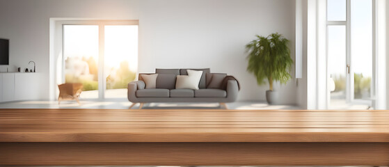 Empty table with abstract blurred background. blur living room. for product display.