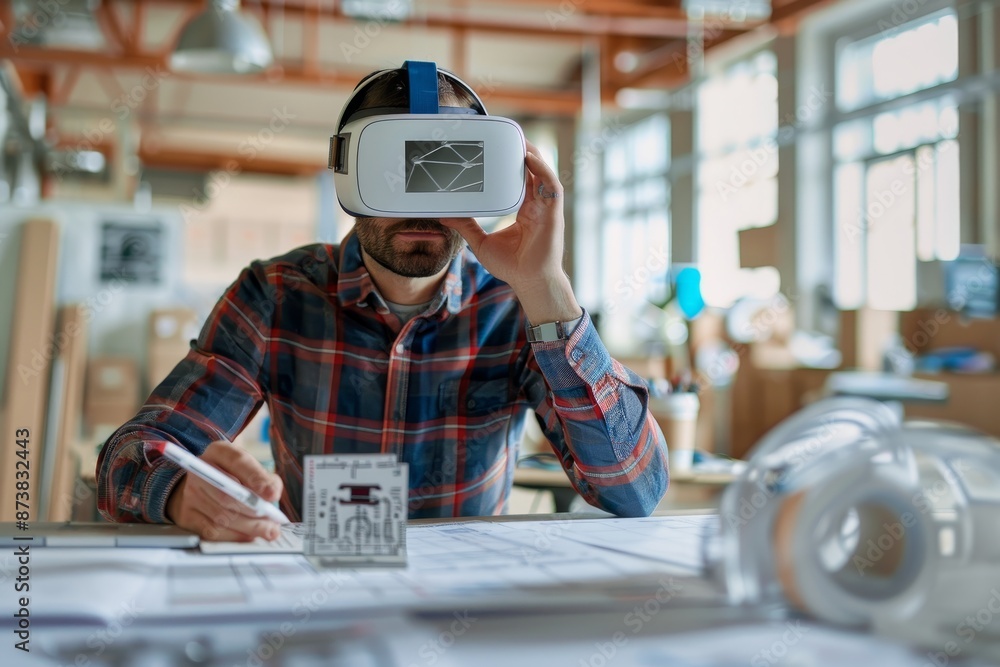 Poster engineer sitting at a table wearing a virtual reality headset, an engineer wearing a virtual reality