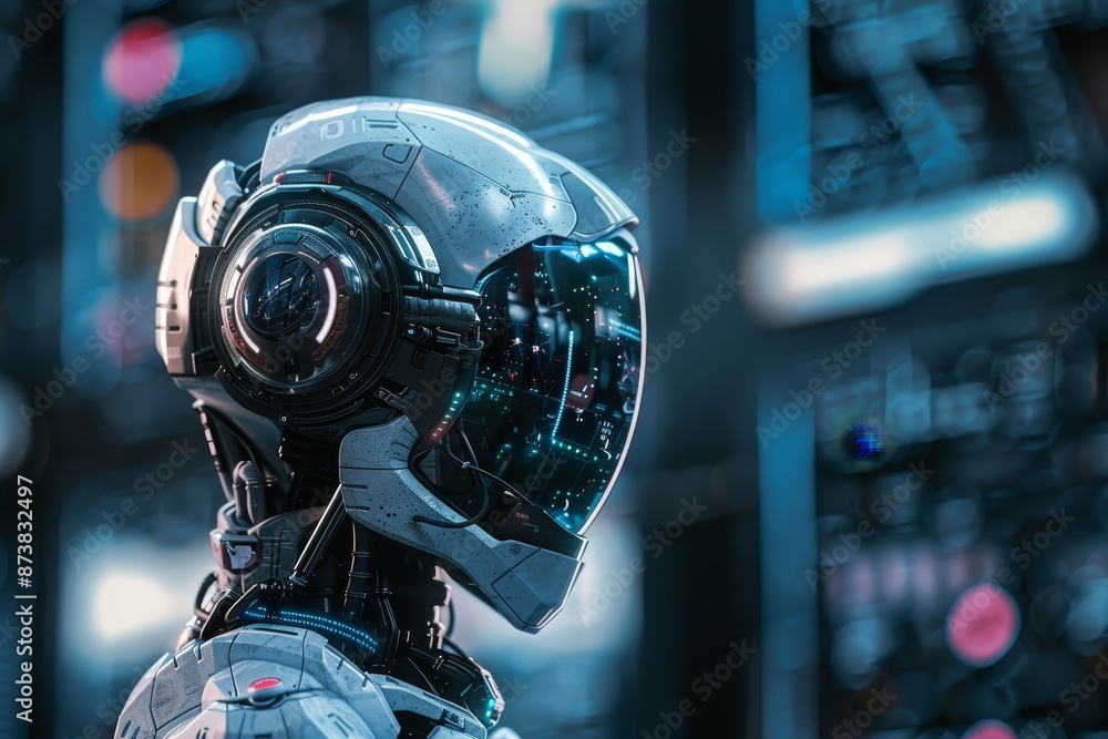 Poster a futuristic robotic engineer standing in front of a wall of buttons, ready for action, an engineer 