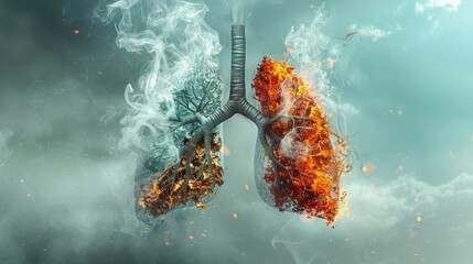 Lungs made of smoke transforming into fresh air, conveying the health benefits of quitting smoking, educational and artistic illustration