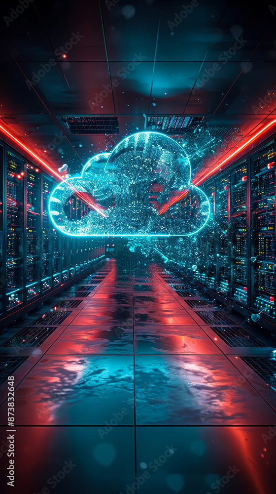 Poster futuristic data center with glowing cloud icon representing cloud computing and data storage technol