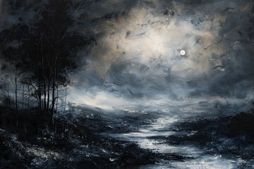 Fototapeta premium A painting depicting a dark and stormy landscape with ominous clouds and turbulent waves crashing against rocky cliffs, An ethereal landscape against a backdrop of darkness