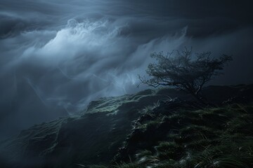 A tree stands on a hill under a cloudy sky, creating a striking scene in nature, An ethereal landscape against a backdrop of darkness