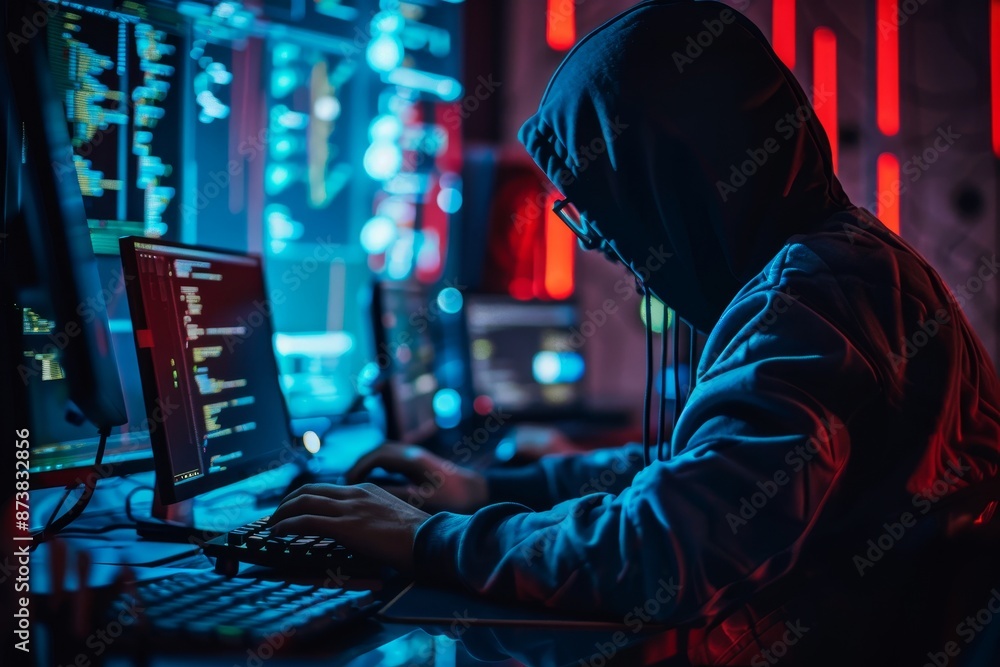 Poster a person in a hooded jacket focused on a computer screen while typing and working intently, an ethic