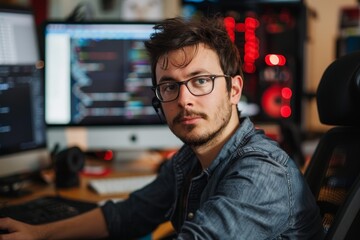 Fototapeta premium A man wearing glasses sitting in front of a computer screen, focused on his work, An ethical hacker helping companies secure their systems