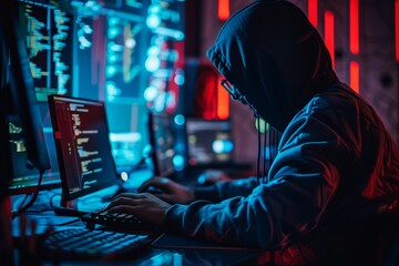 A person in a hooded jacket focused on a computer screen while typing and working intently, An ethical hacker helping companies secure their systems