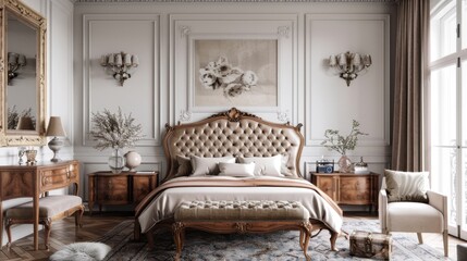 Obraz premium Traditional bedroom styles feature classic elegance with rich wood furniture, intricate moldings, and luxurious fabrics such as silk and velvet, creating a timeless and opulent ambiance. 