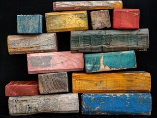 Vibrant Stack of Aged Multicolored Wooden Blocks on Black Background, Wide Format