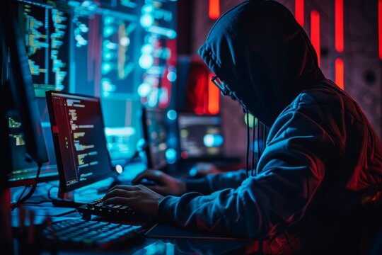 A person in a hooded jacket focused on a computer screen while typing and working intently, An ethical hacker helping companies secure their systems