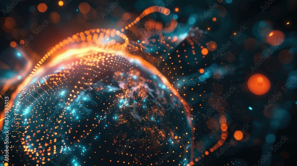 Poster abstract 3d planet illustration and visualization of global network connections.