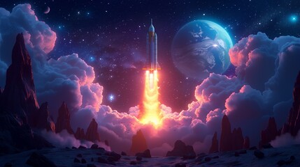 2d illustration of rocket launching from earth to space