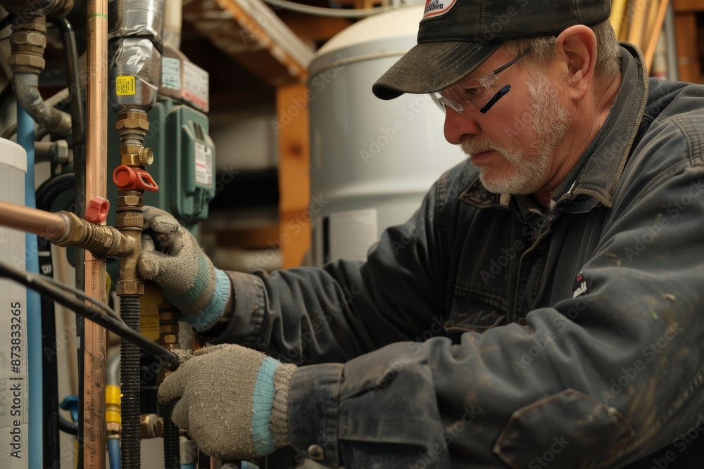 Aufkleber a man with experience working on a machine in a factory, focused on troubleshooting to fix any issue