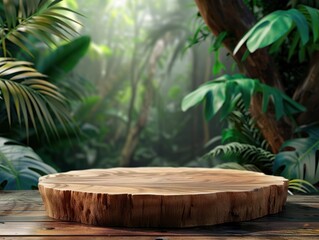 Wooden podium in tropical forest for product presentation and green background.