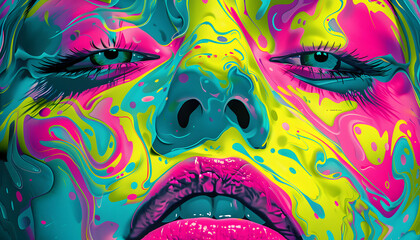 A vivid and surreal pop art image featuring a face with psychedelic patterns and colors